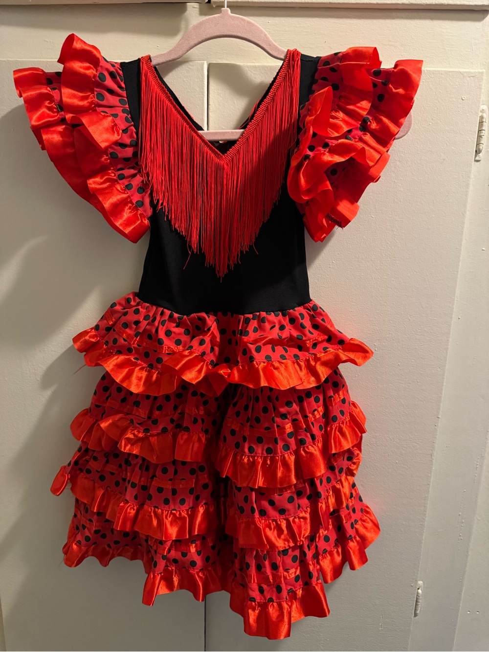 Girls size 4 Red & Black Flamenco-Style Dance Costume with Fringe